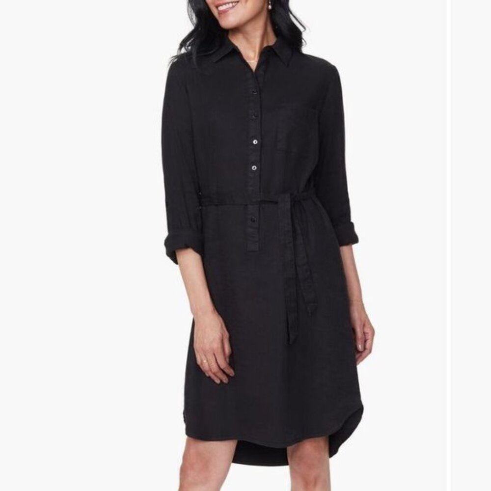 NYDJ Black Linen Belted Shirt Dress 3/4 Sleeve Rolled Cuff Black Size Medium NEW